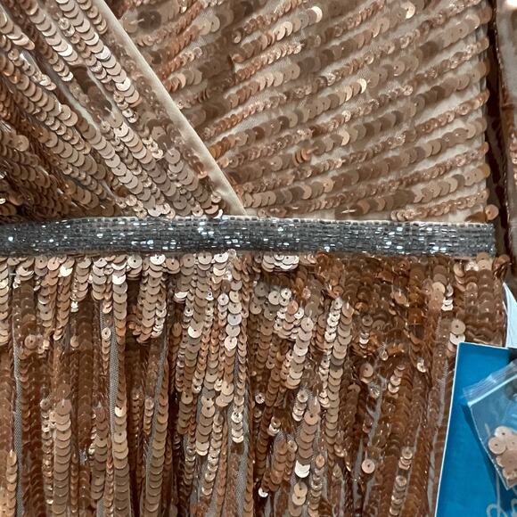 NEW Mac Duggal Sequined Wrap Over 3/4 Sleeve Gown in Apricot Size 18 - Picture 9 of 12